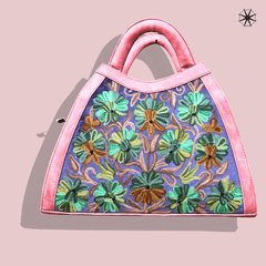 grey and pink handbag with multicolor kashmiri ari work