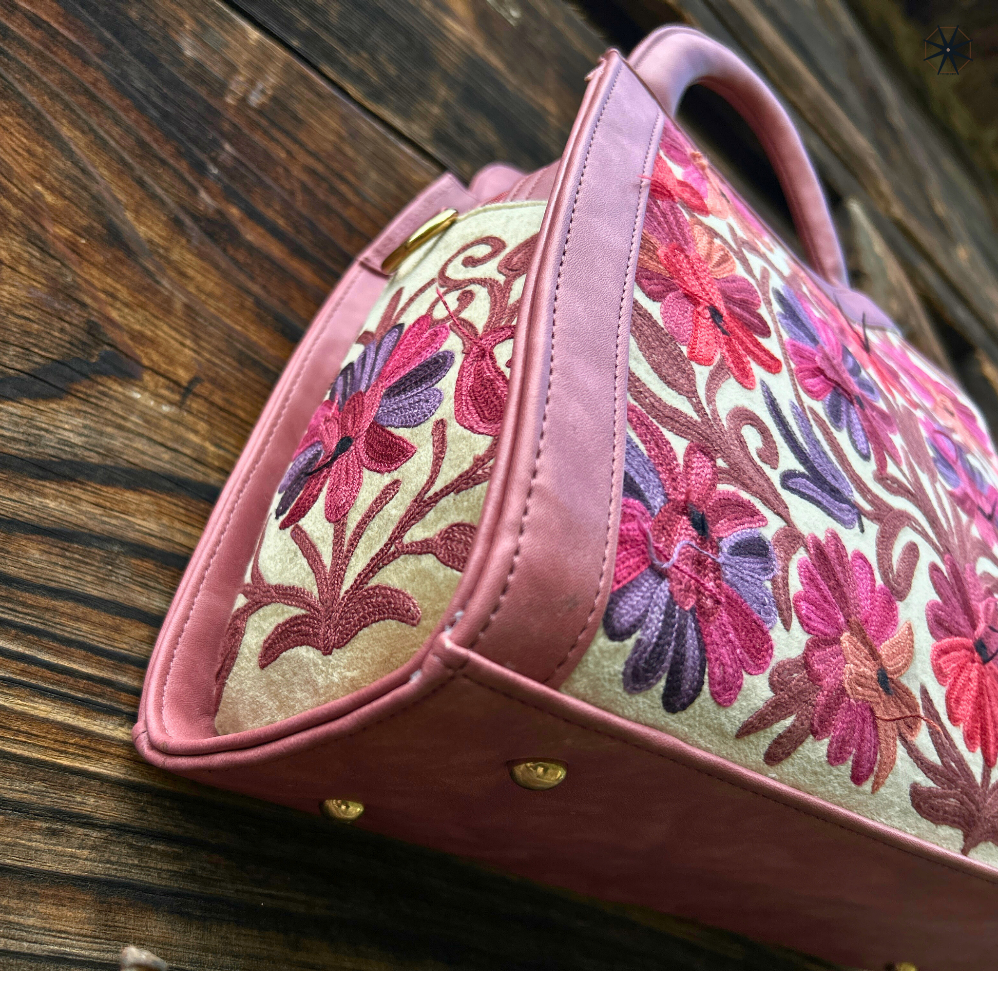 pink color handbag with multicolor kashmiri ari work