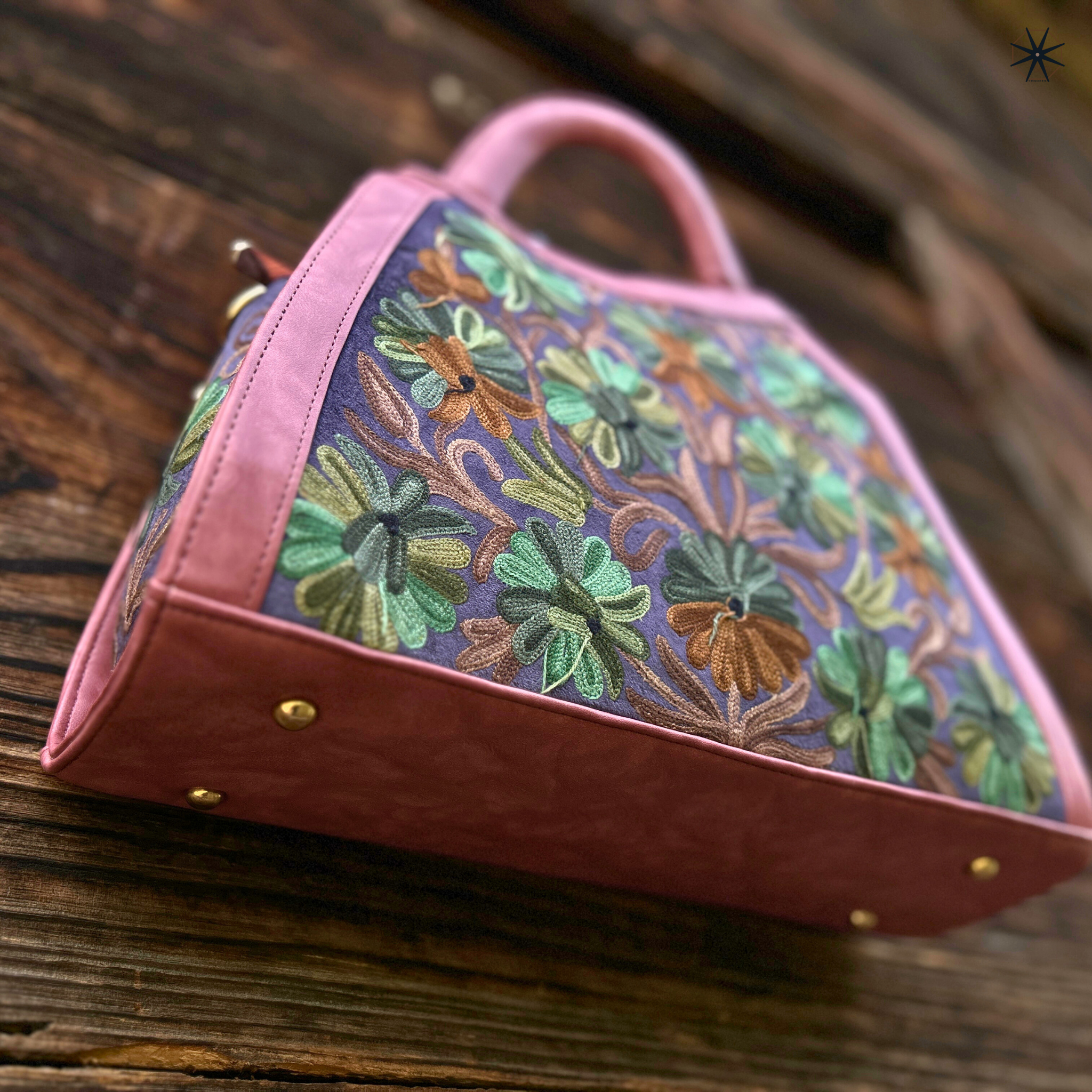 grey and pink handbag with multicolor kashmiri ari work