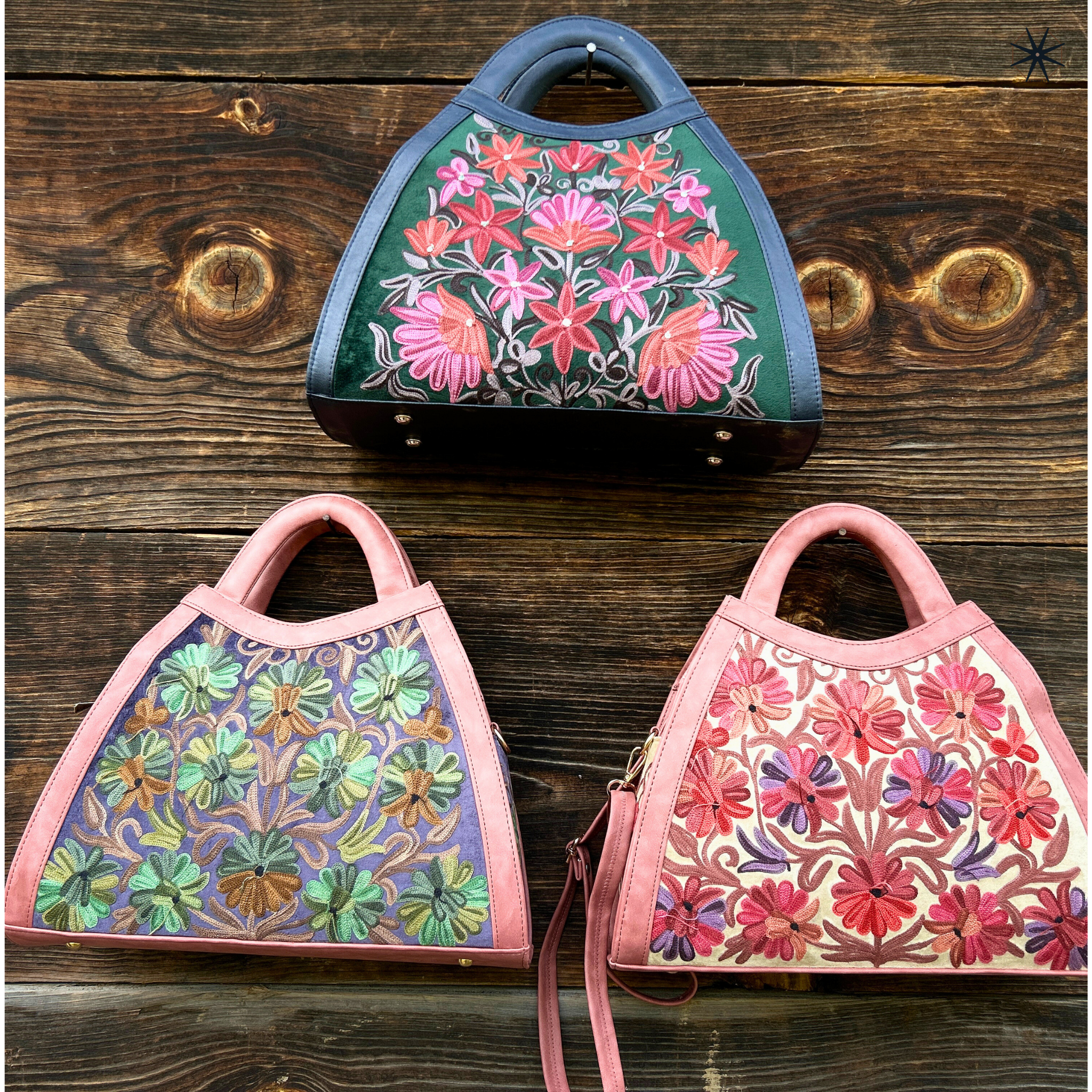 pink color handbag with multicolor kashmiri ari work